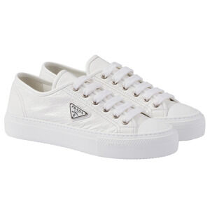 Prada Smash Naplak White Patent Logo Lace Up Flat Low Top Trainer Sneaker 36.5
